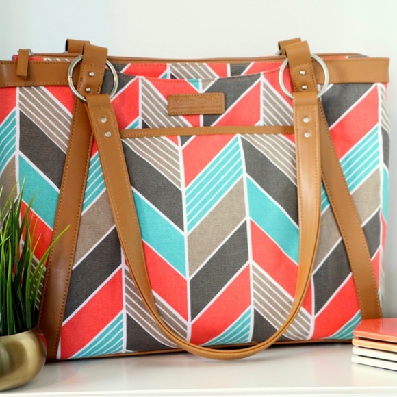 KAILO CHIC CORAL & TURQUOISE CHEVRON FABRIC LAPTOP ORGANIZER  BAG TRAVEL TOTE - Picture 5 of 6